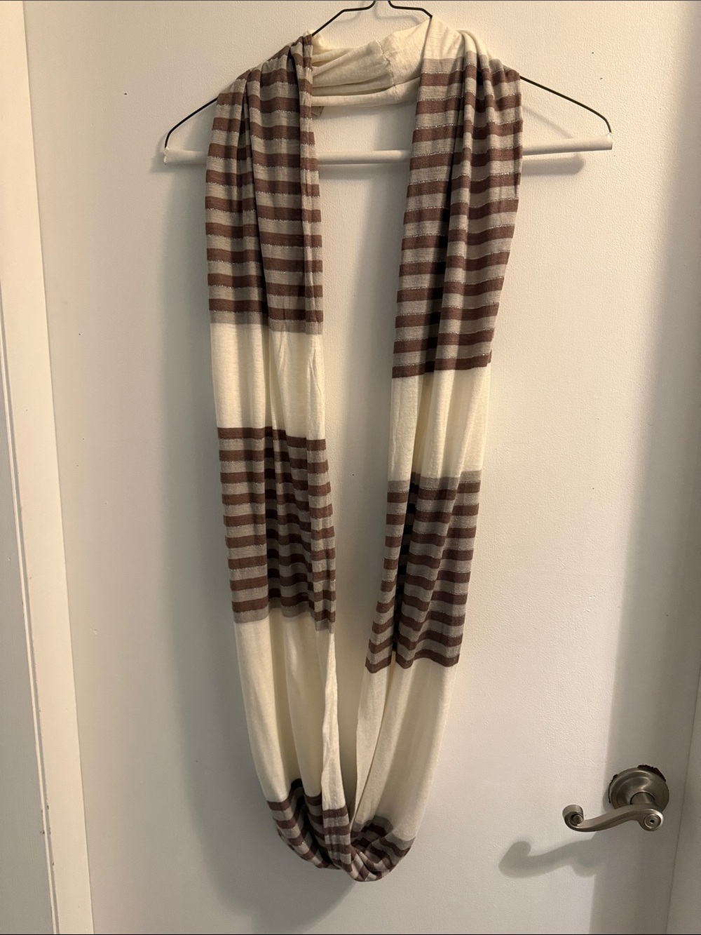 LOFT Cream and Brown Striped Infinity Scarf with Shimmer Detail